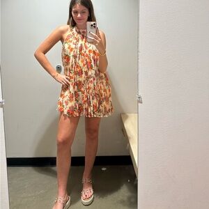 Free People off white floral shimmery  sleeveless pleated mini dress